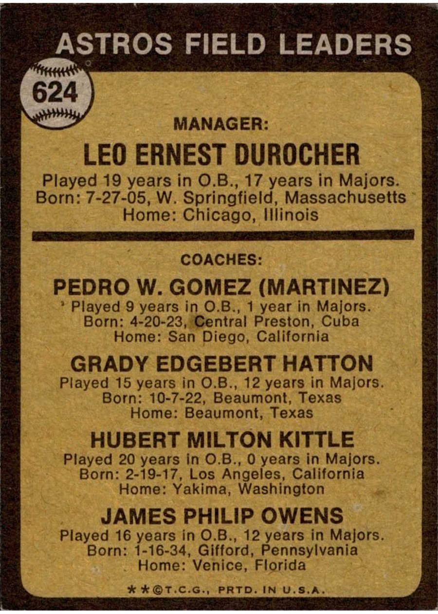 1973 Topps #624 Astros Field Leaders card back