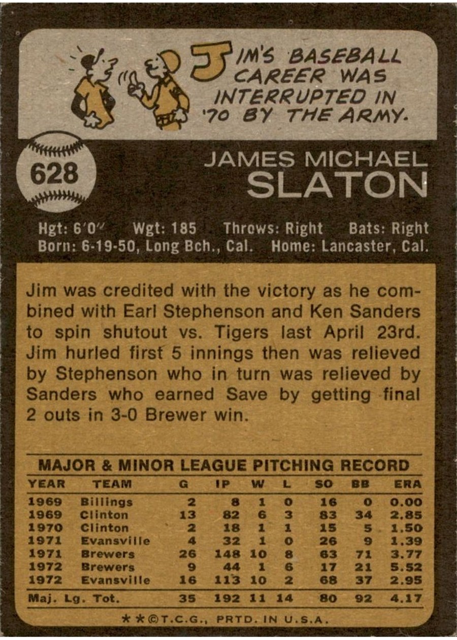 1973 Topps #628 Jim Slaton card back