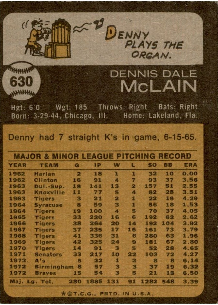 1973 Topps #630 Denny McLain card back