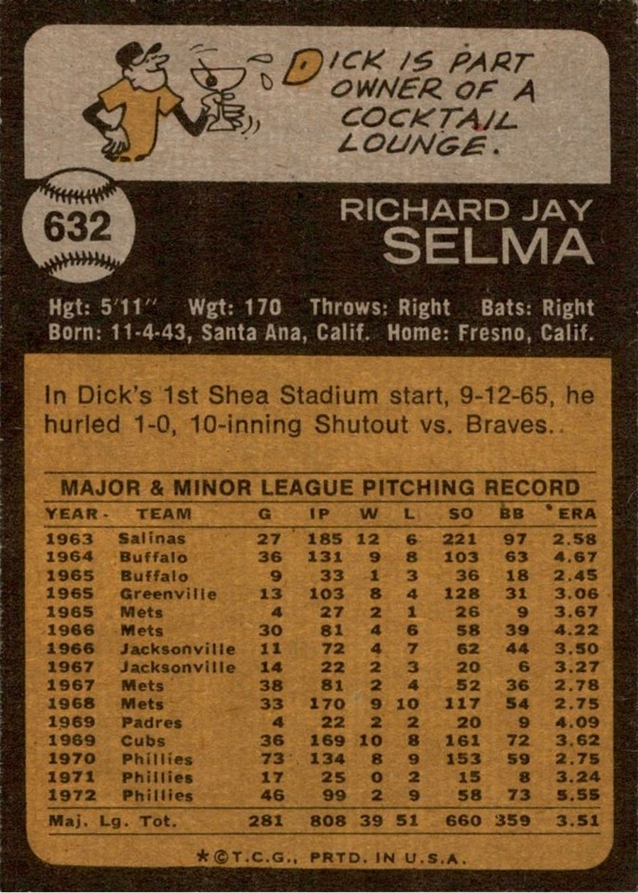 1973 Topps #632 Dick Selma card back