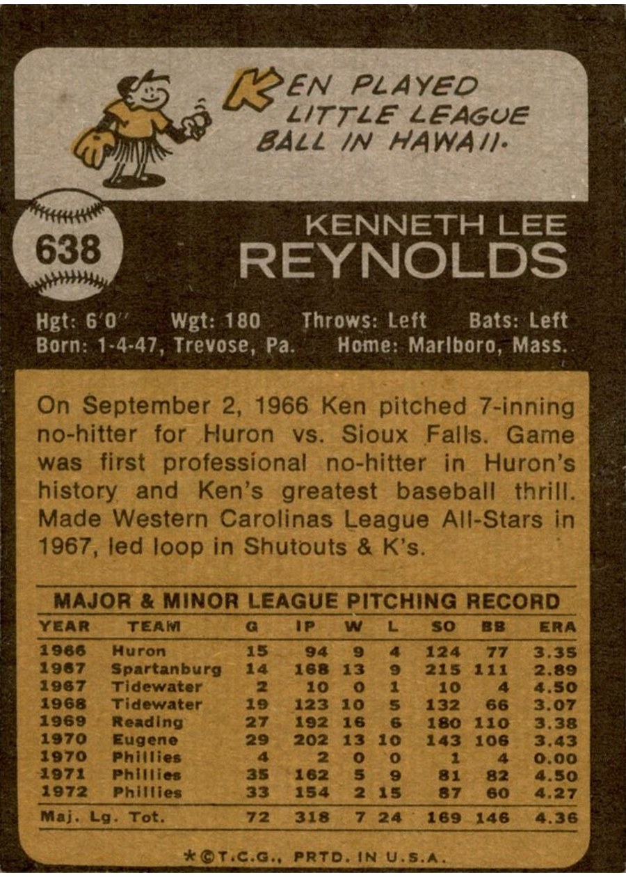 1973 Topps #638 Ken Reynolds card back
