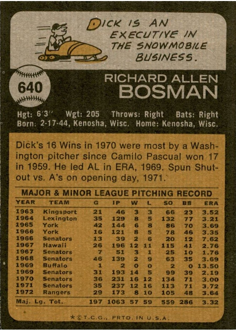 1973 Topps #640 Dick Bosman card back