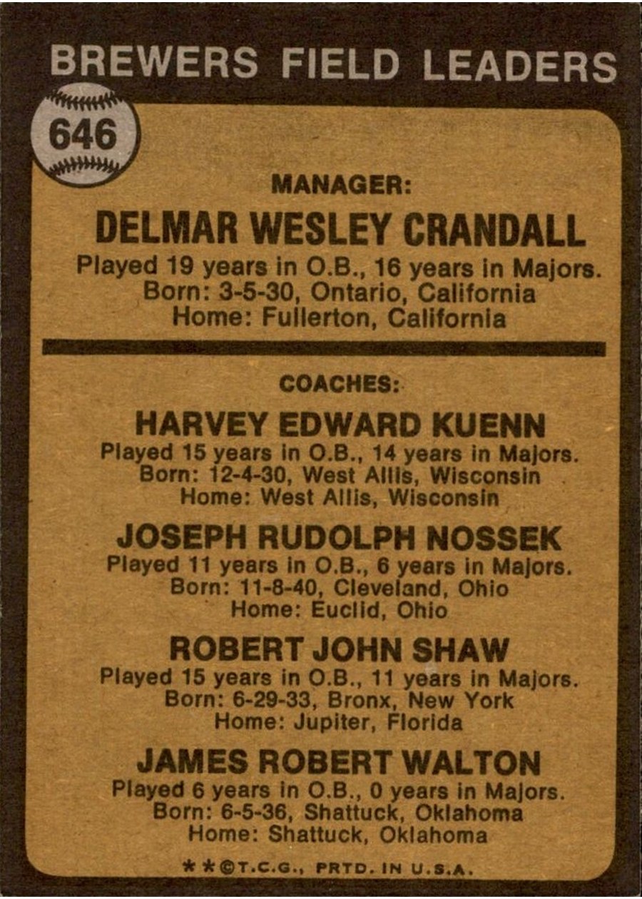 1973 Topps #646 Brewers Field Leaders card back