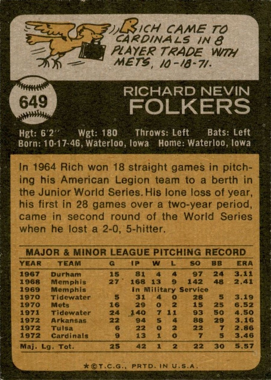 1973 Topps #649 Rich Folkers card back