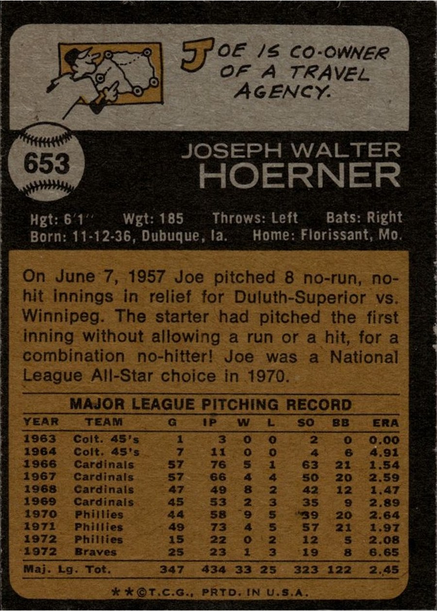 1973 Topps #653 Joe Hoerner card back