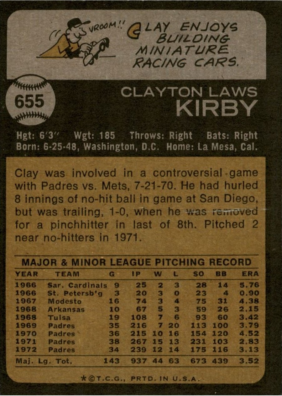 1973 Topps #655 Clay Kirby card back