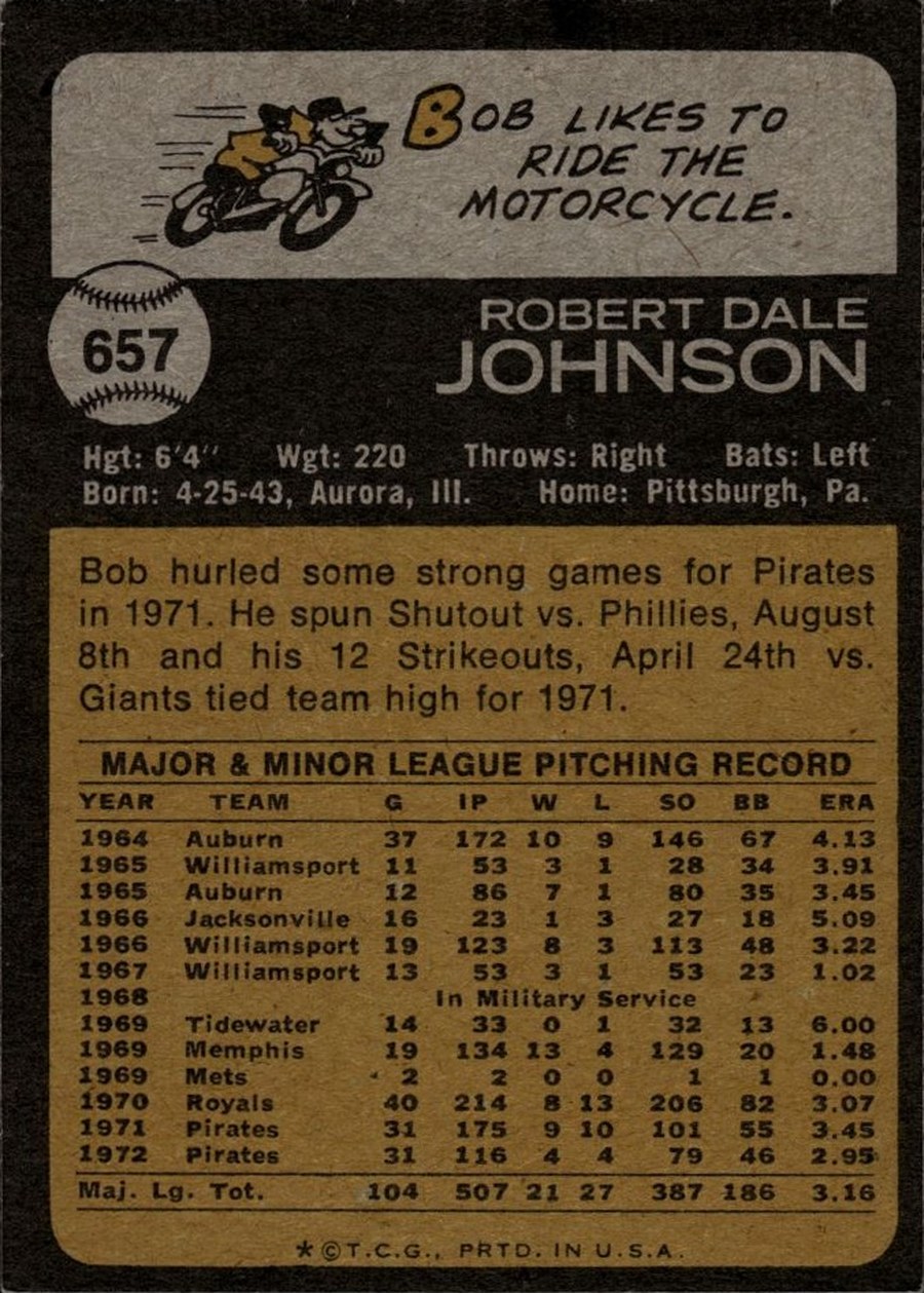 1973 Topps #657 Bob Johnson card back