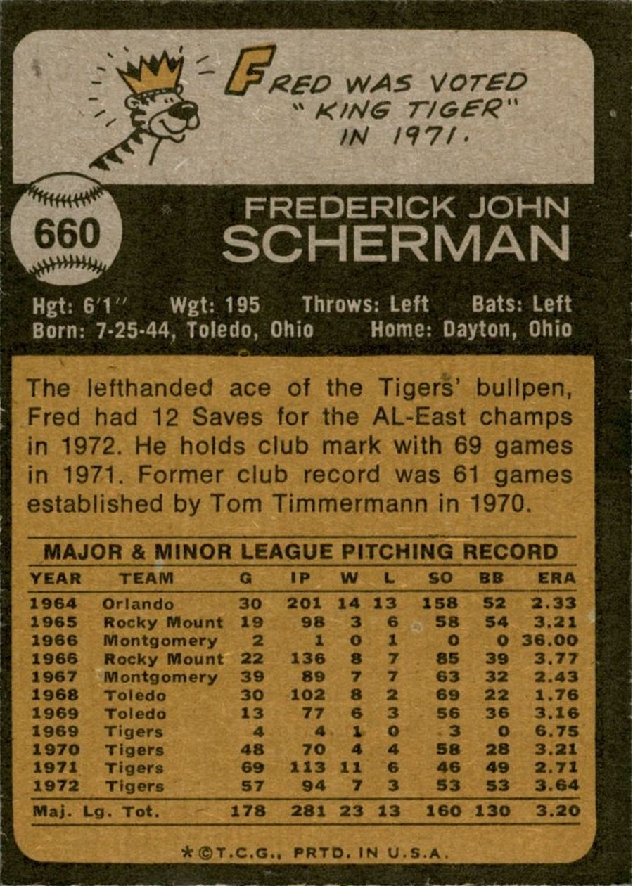 1973 Topps #660 Fred Scherman card back
