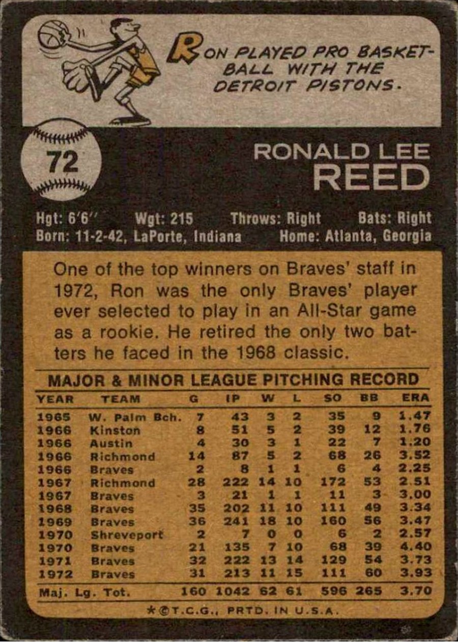 1973 Topps #72 Ron Reed card back