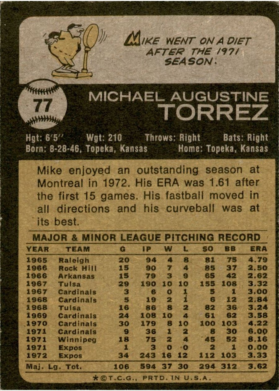 1973 Topps #77 Mike Torrez card back