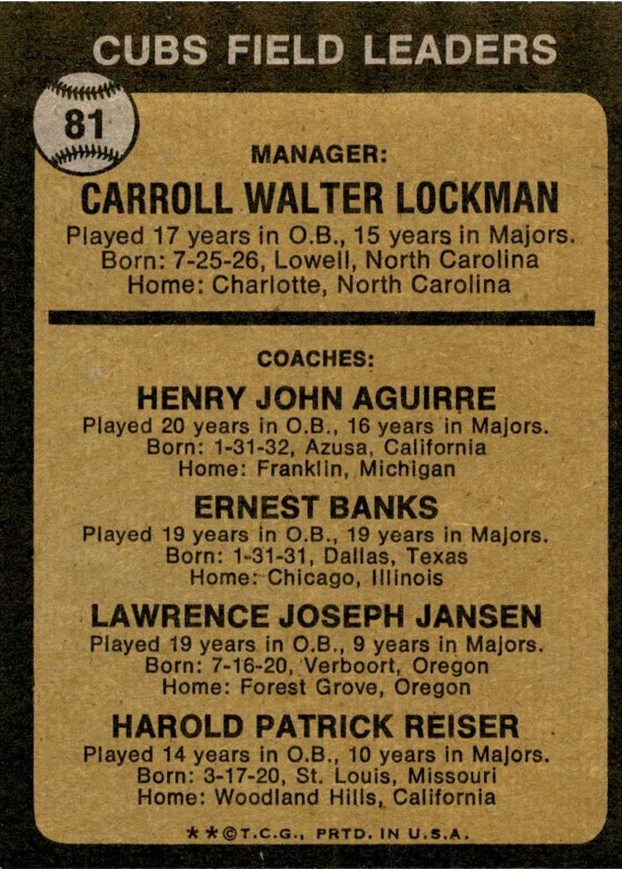 1973 Topps #81 Cubs Field Leaders card back