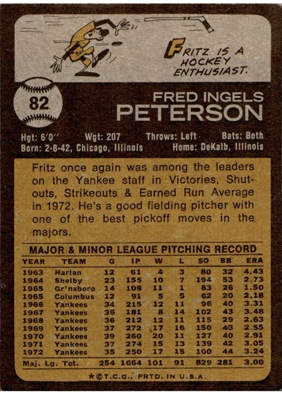 1973 Topps #82 Fritz Peterson card back