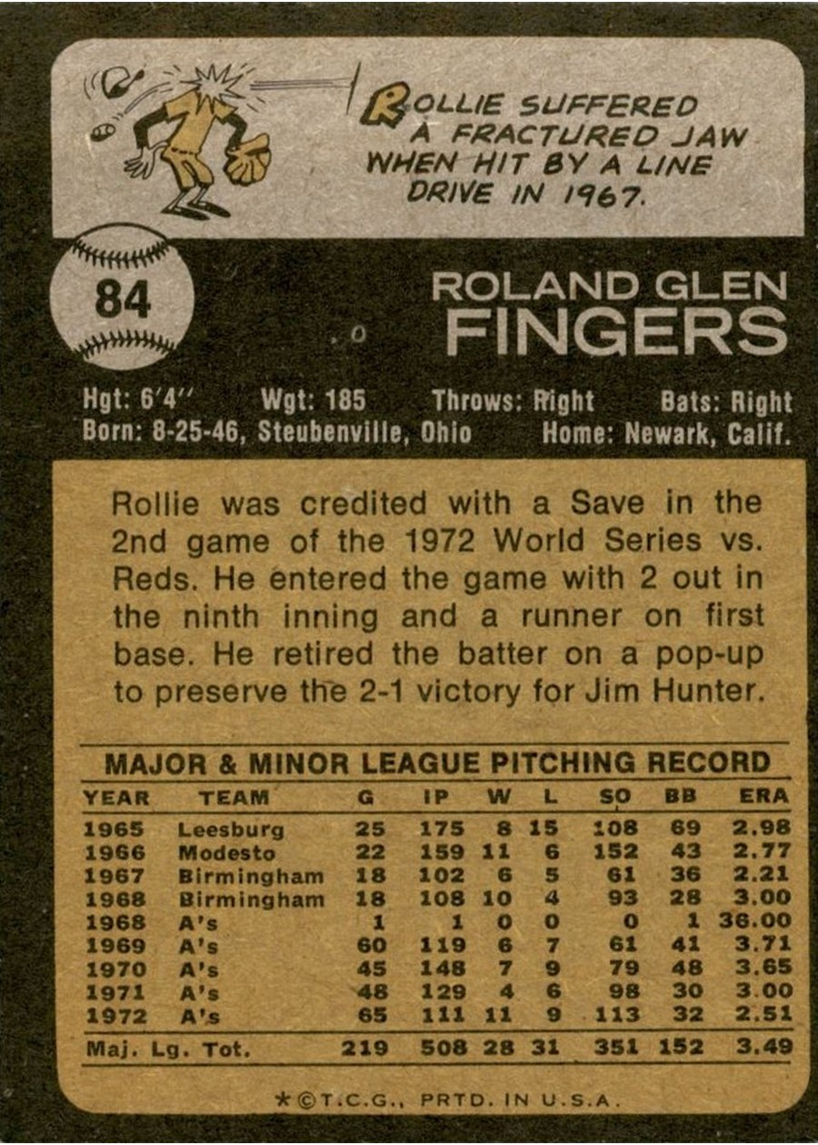 1973 Topps #84 Rollie Fingers card back