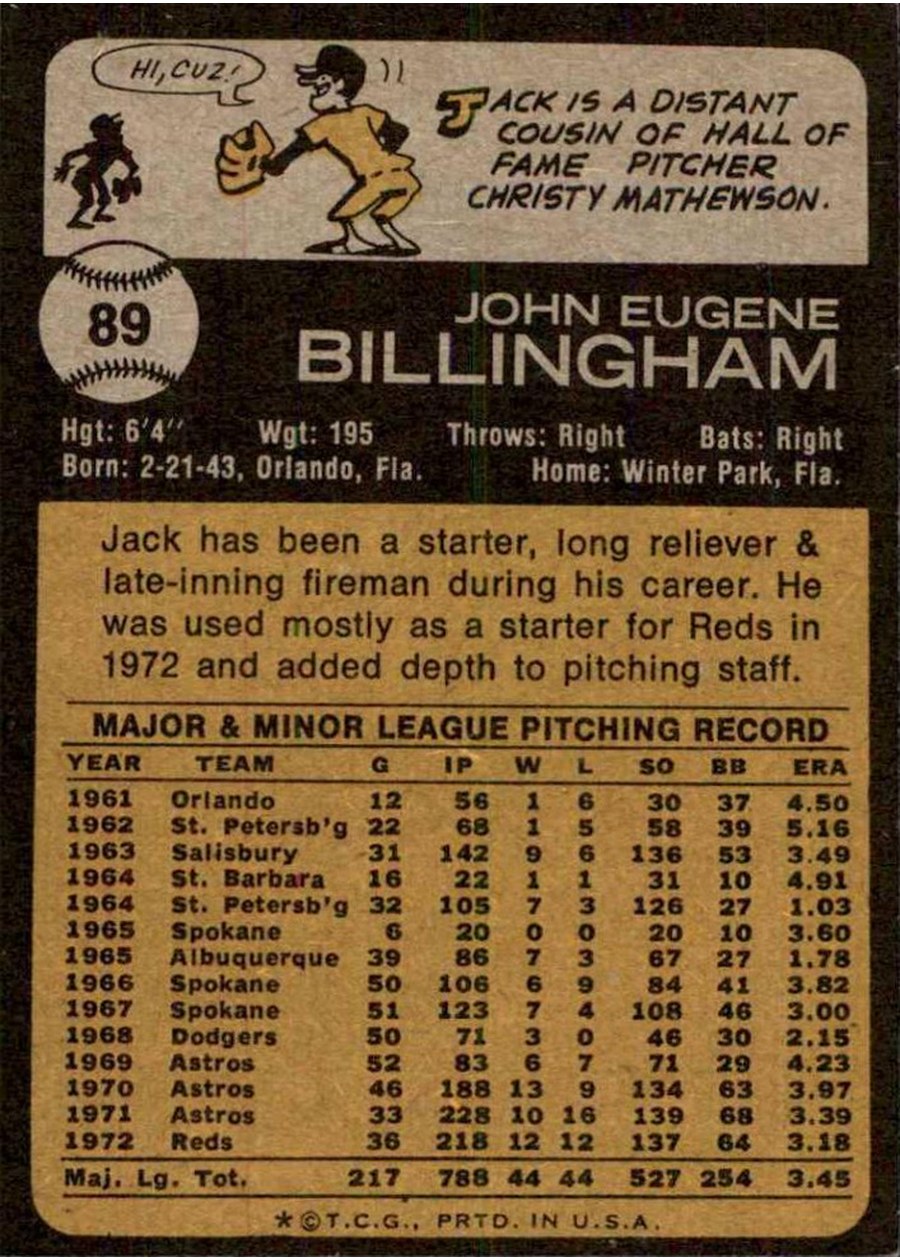 1973 Topps #89 Jack Billingham card back