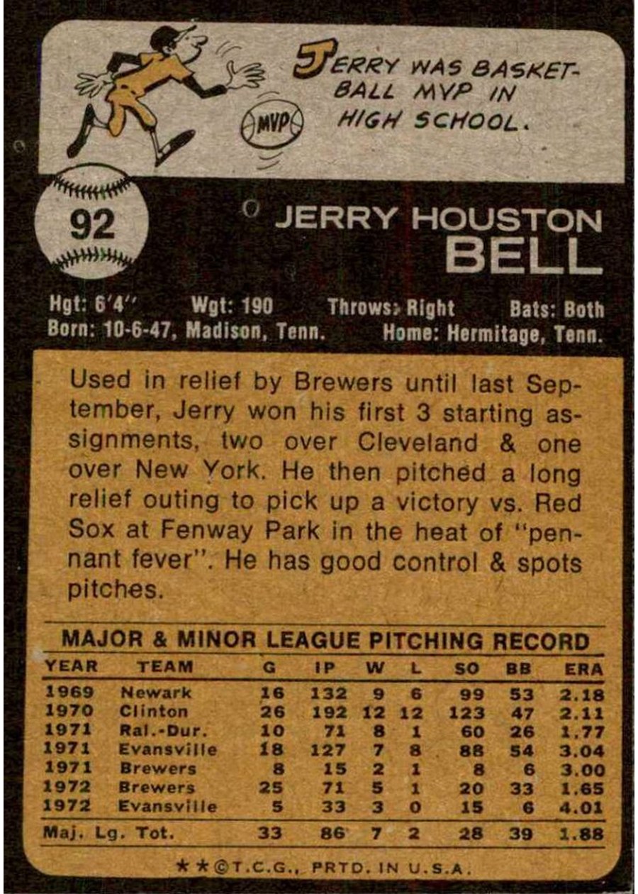 1973 Topps #92 Jerry Bell card back
