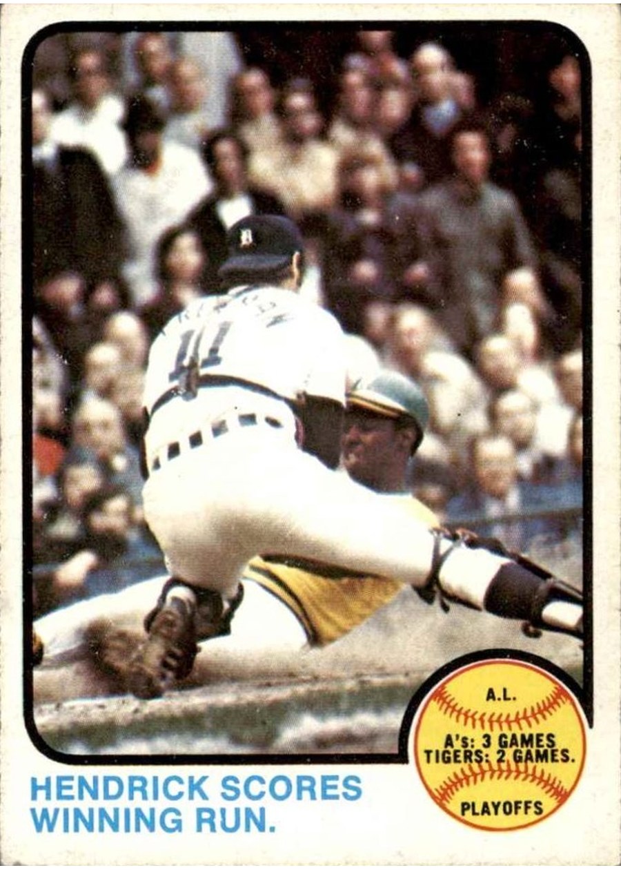 1973 Topps #201 A.L. Playoffs: Hendrick Scores Winning Run, Oakland Athletics