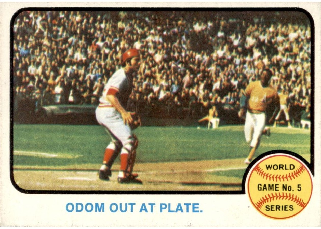 1973 Topps #207 World Series Game No. 5: Odom Out at Plate, Oakland Athletics