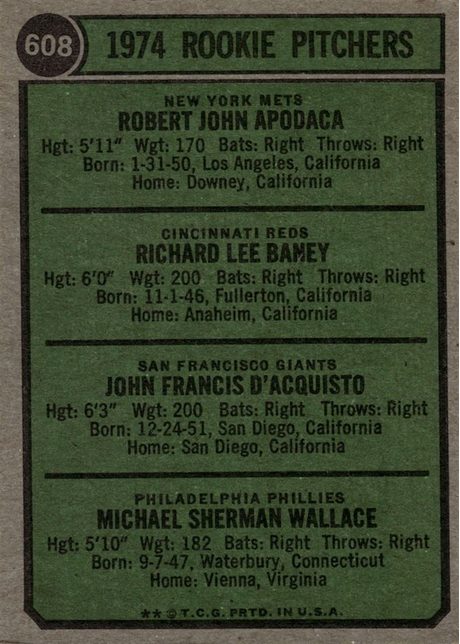 1974 Topps #608 1974 Rookie Pitchers - 608b - Apodaco (Misspelled) (back)