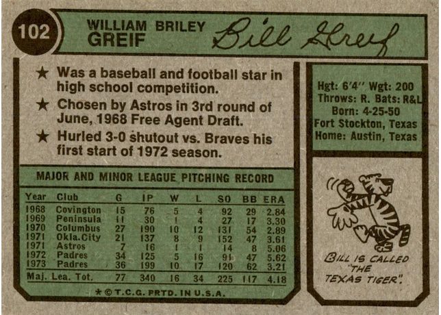 1974 Topps #102 Bill Greif - 102b - Washington Nat'l Lea. (back)