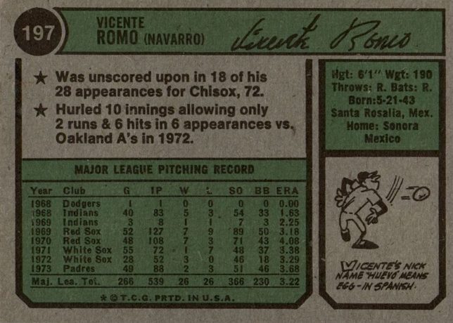 1974 Topps #197 Vicente Romo - 197b - Washington Nat'l Lea. (back)