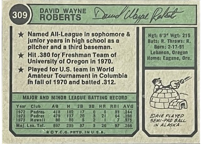 1974 Topps #309 Dave Roberts - 309b - Washington Nat'l Lea. (back)