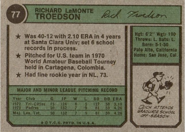 1974 Topps #77 Rich Troedson - 77b - Washington Nat'l Lea. (back)