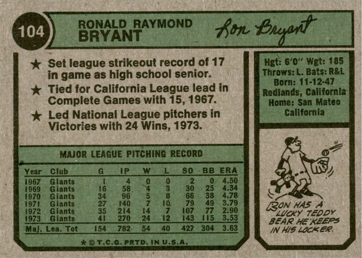 1974 Topps #104 Ron Bryant card back