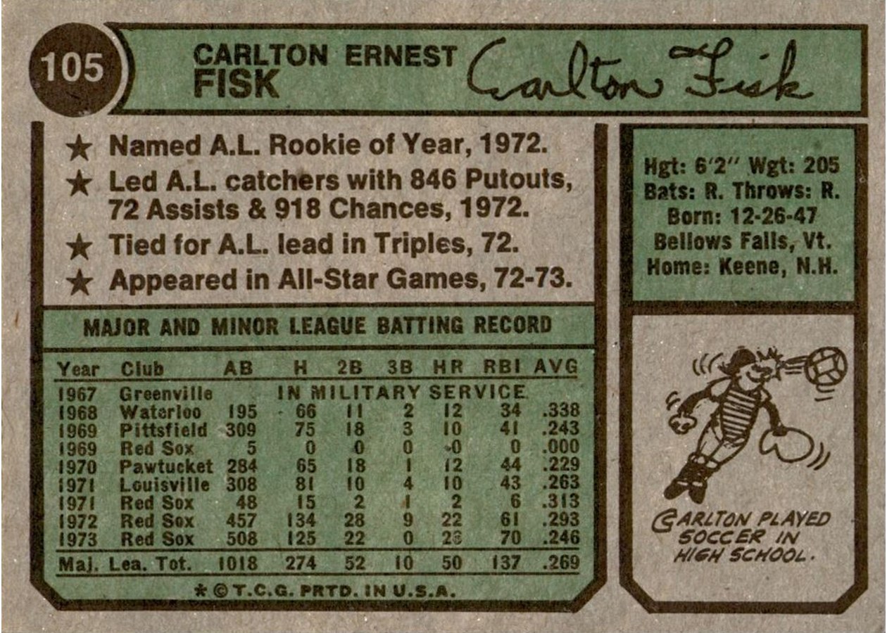 1974 Topps #105 Carlton Fisk card back