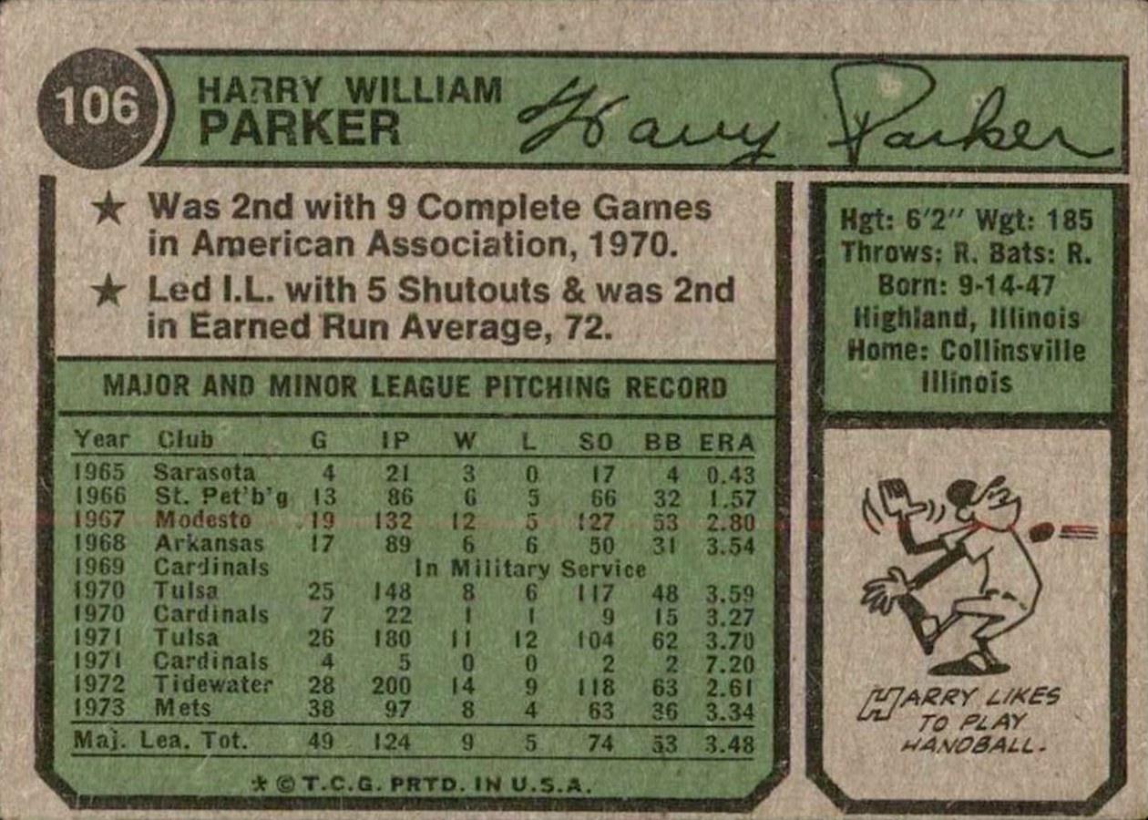 1974 Topps #106 Harry Parker card back