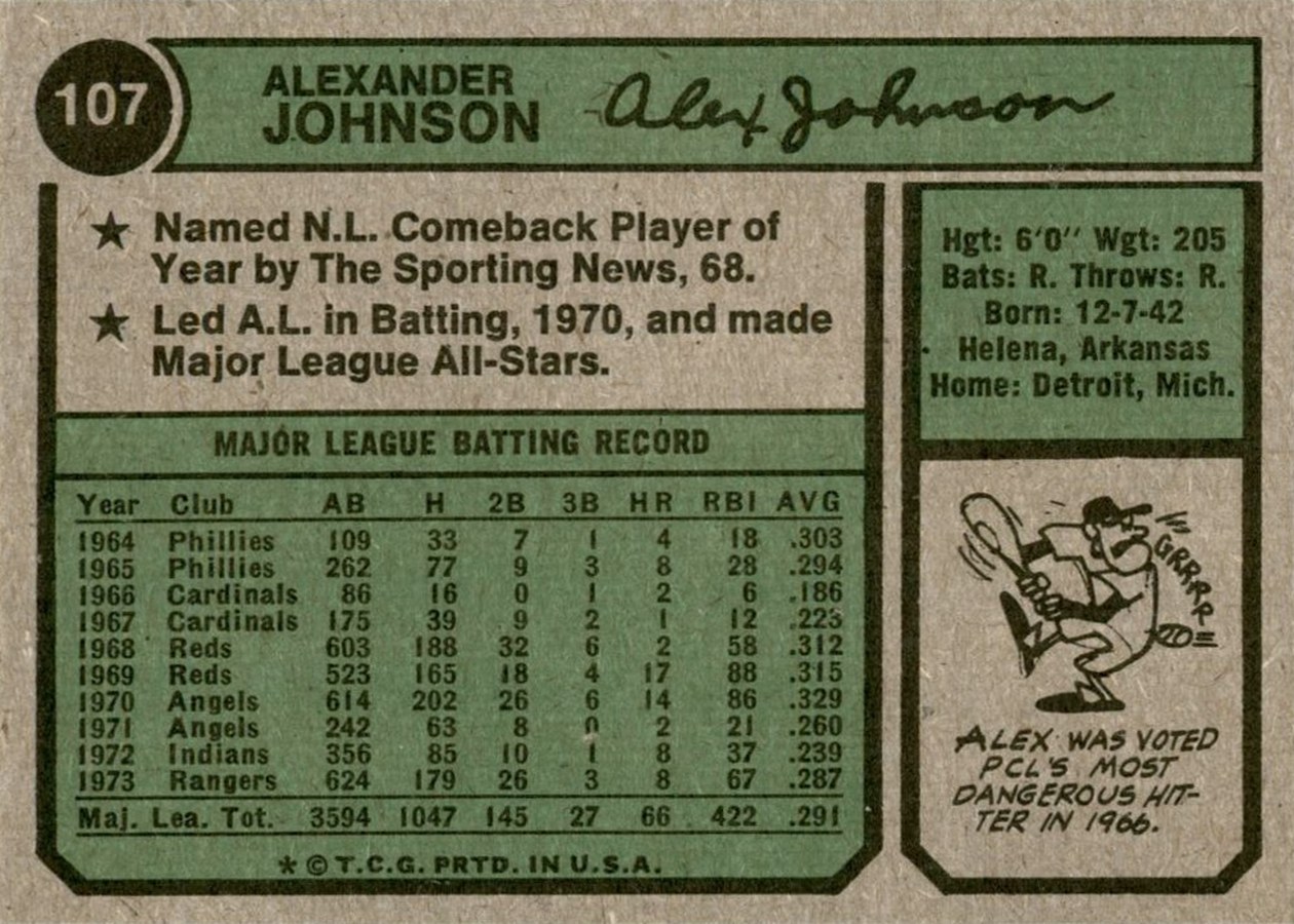 1974 Topps #107 Alex Johnson card back