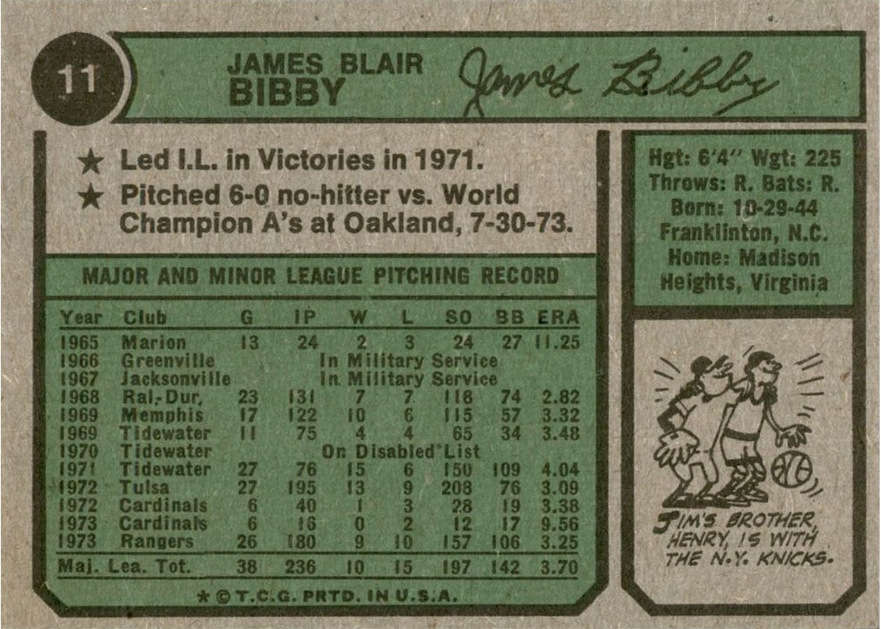 1974 Topps #11 Jim Bibby card back