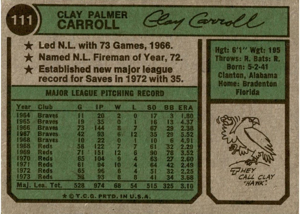 1974 Topps #111 Clay Carroll card back