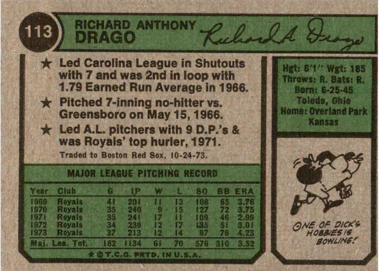 1974 Topps #113 Dick Drago card back