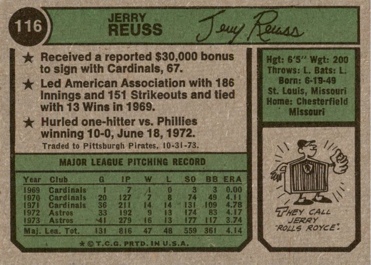 1974 Topps #116 Jerry Reuss card back