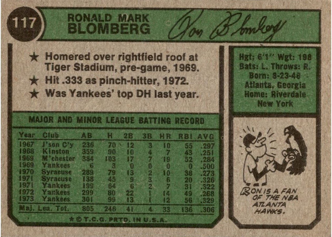 1974 Topps #117 Ron Blomberg card back