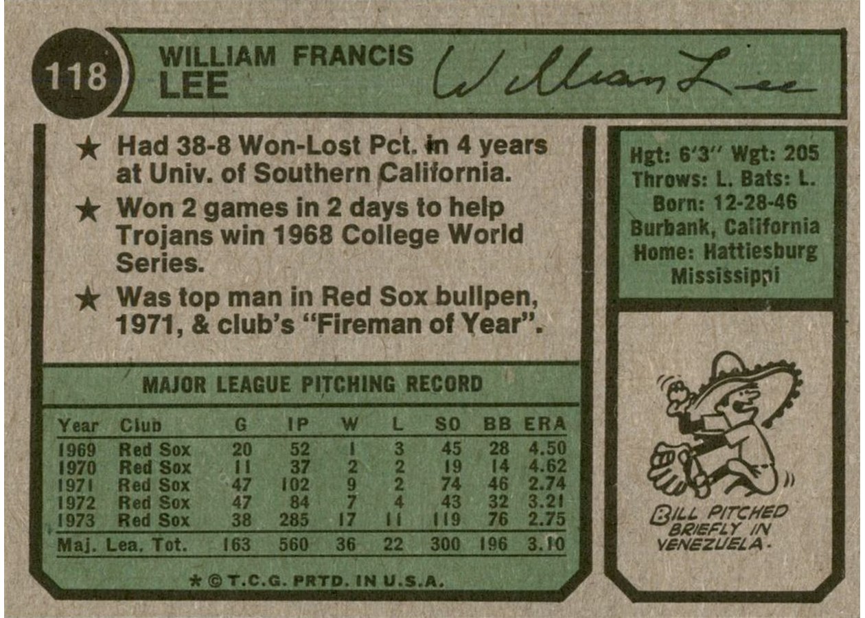 1974 Topps #118 Bill Lee card back