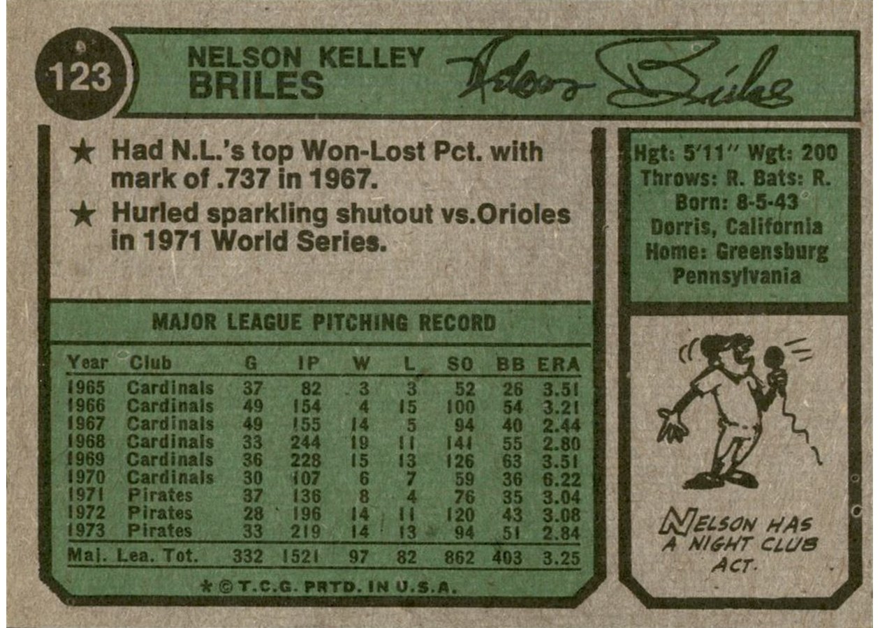 1974 Topps #123 Nelson Briles card back