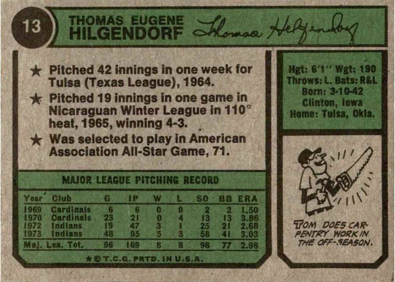 1974 Topps #13 Tom Hilgendorf card back