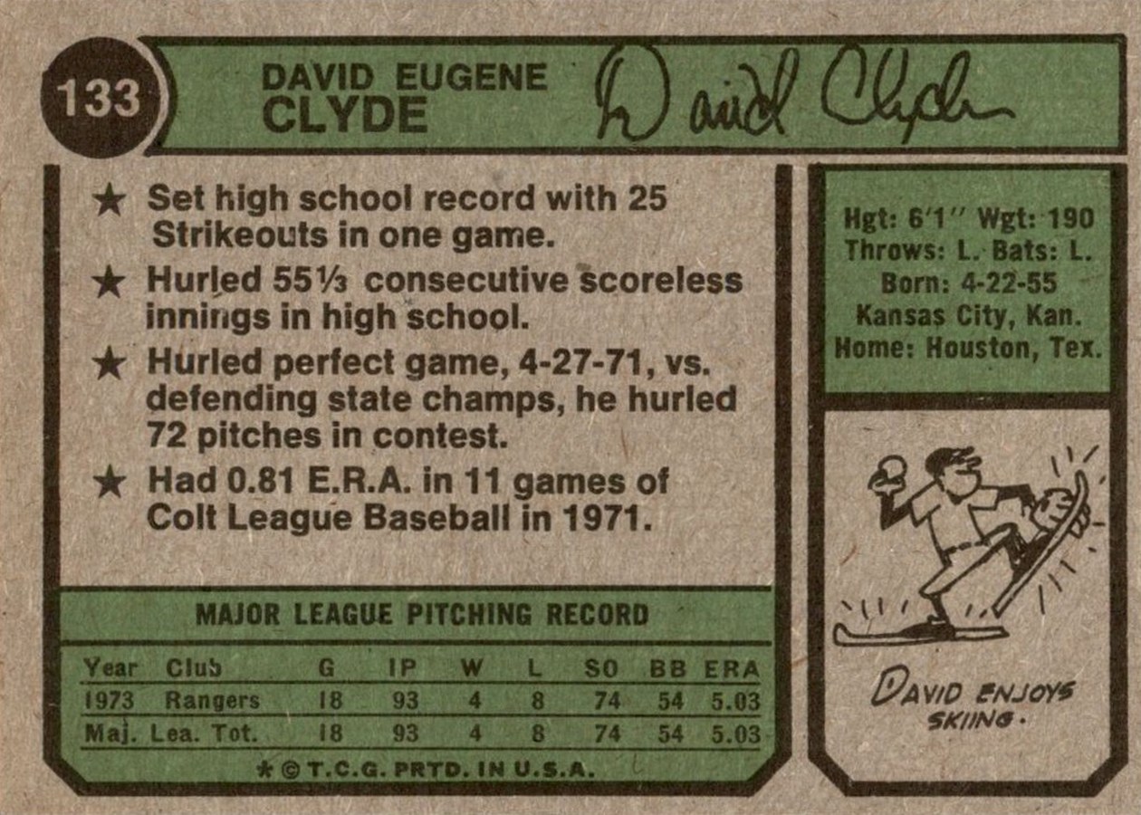 1974 Topps #133 David Clyde card back