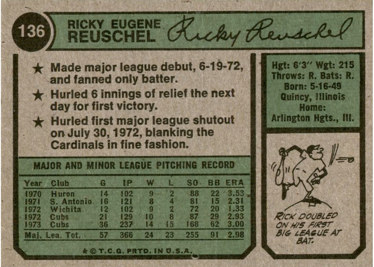 1974 Topps #136 Rick Reuschel card back