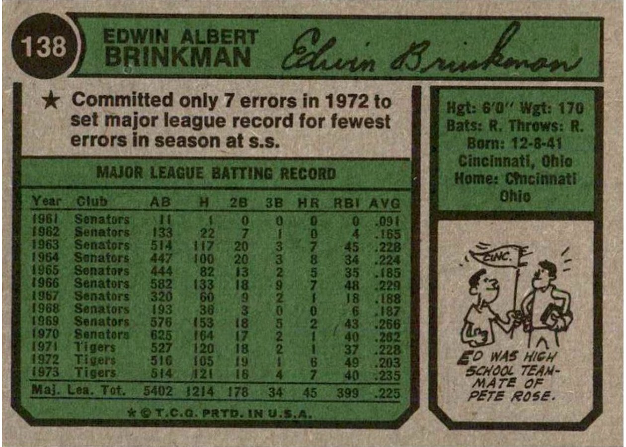 1974 Topps #138 Ed Brinkman card back