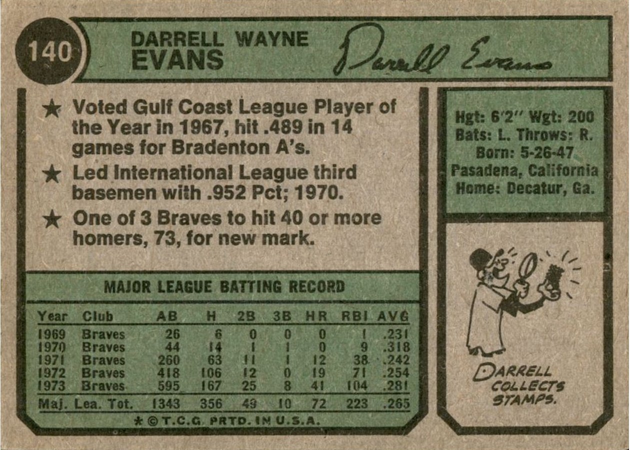 1974 Topps #140 Darrell Evans card back