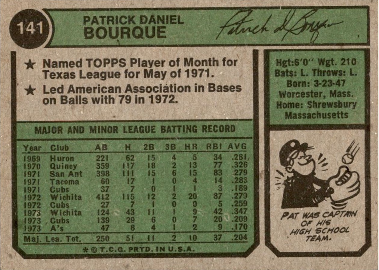 1974 Topps #141 Pat Bourque card back