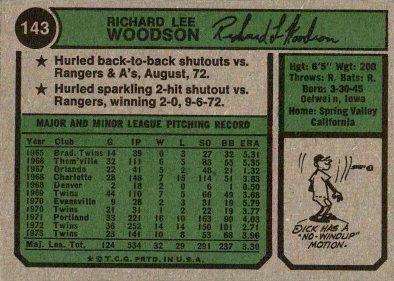 1974 Topps #143 Dick Woodson card back
