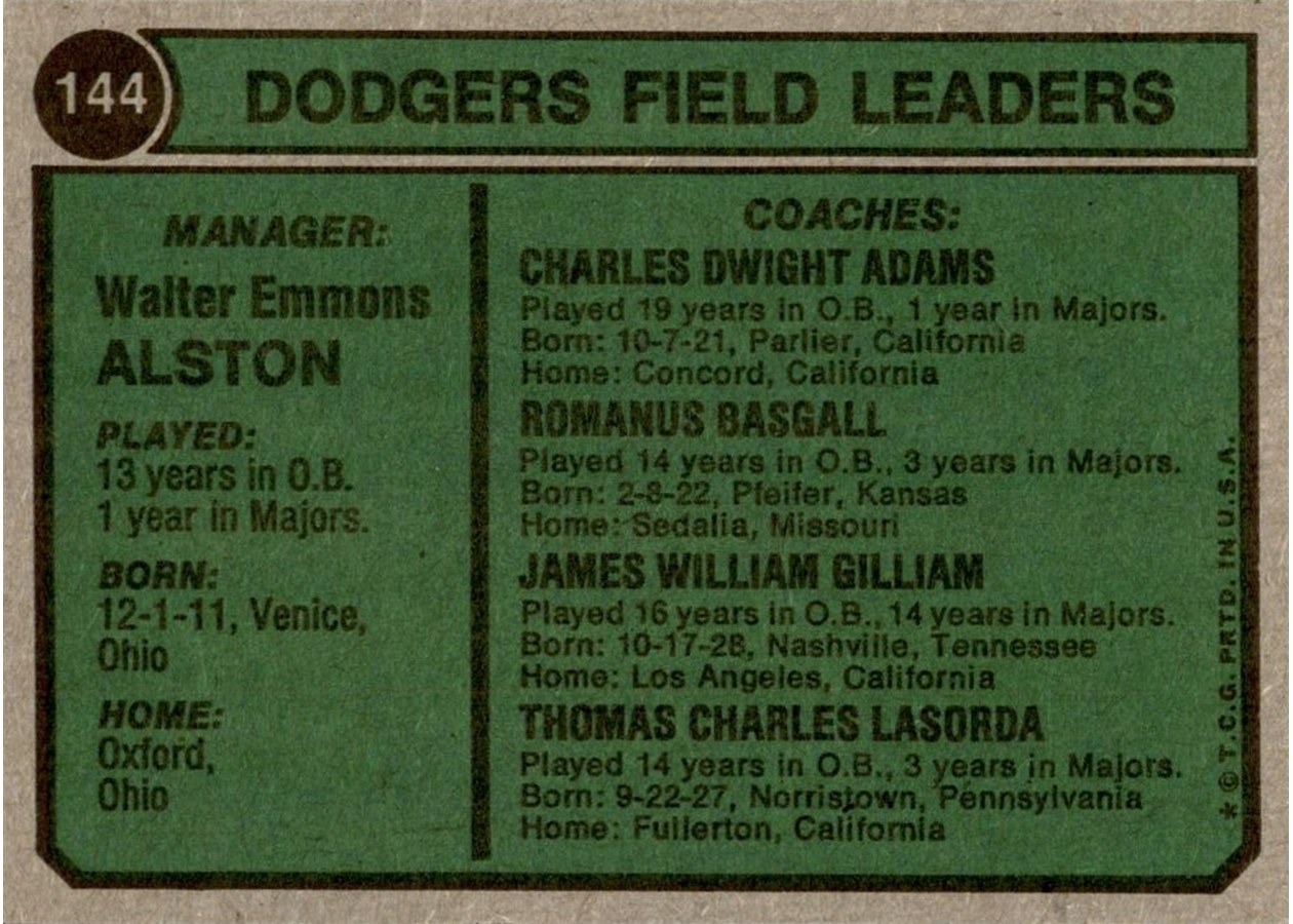 1974 Topps #144 Dodgers Field Leaders card back