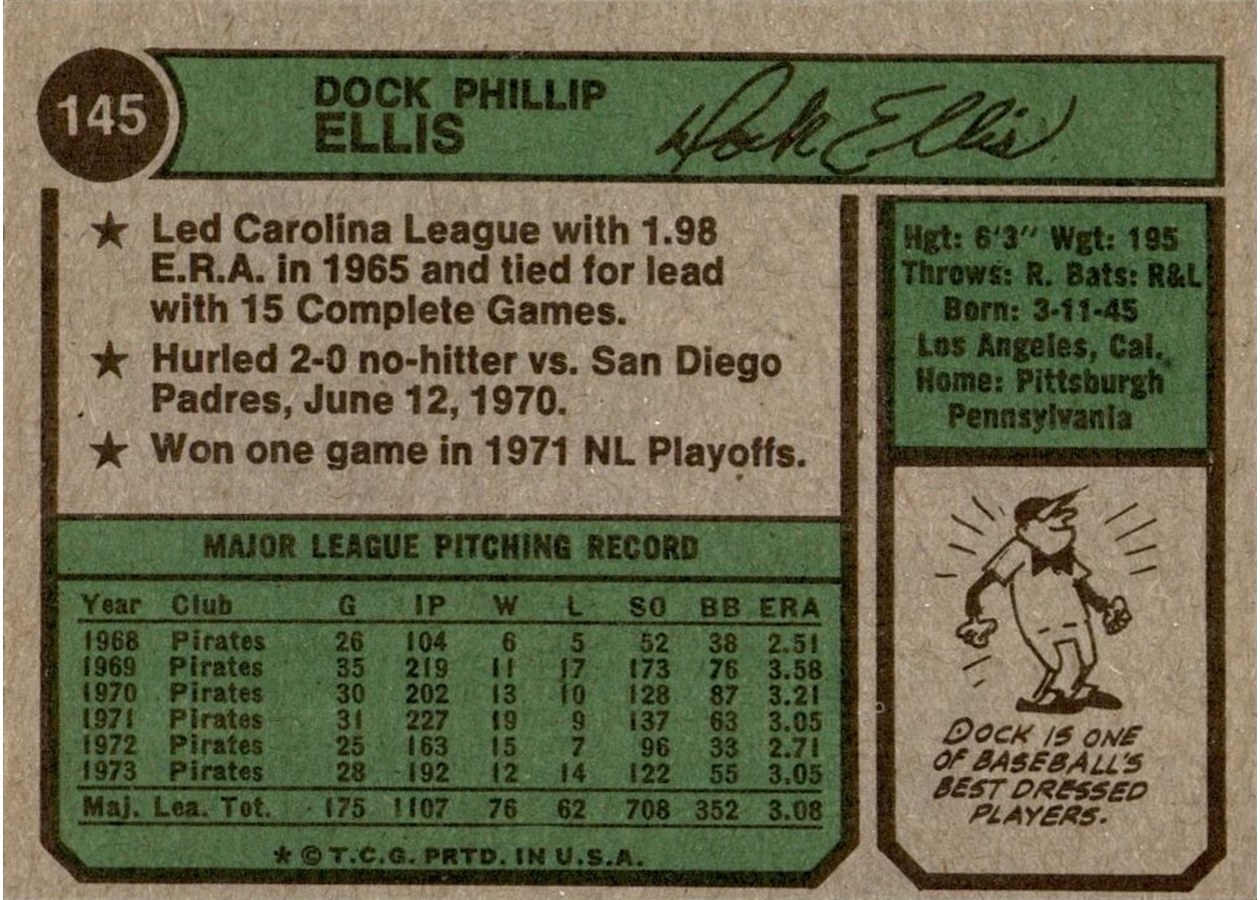 1974 Topps #145 Dock Ellis card back