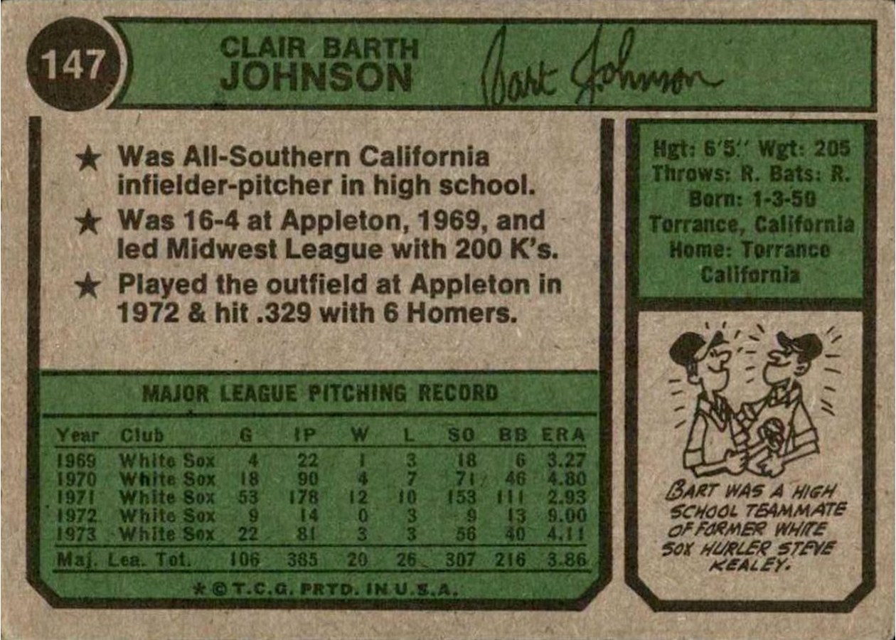 1974 Topps #147 Bart Johnson card back