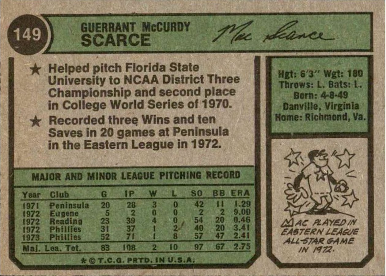 1974 Topps #149 Mac Scarce card back