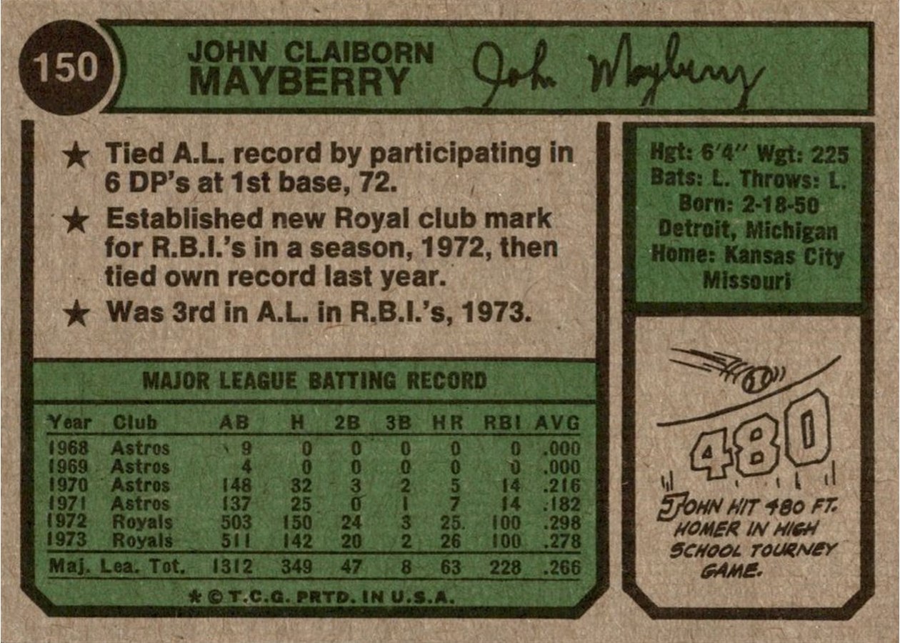 1974 Topps #150 John Mayberry card back