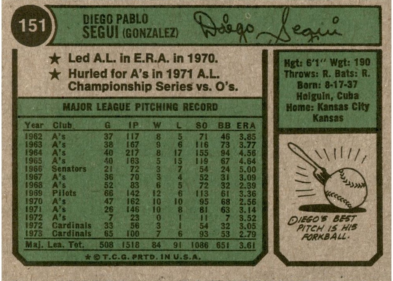 1974 Topps #151 Diego Segui card back